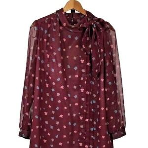 Vtg 60s Chiffon Pussybow Dress L 44" Burgundy‎ Leaves Union Made USA Leaf Print